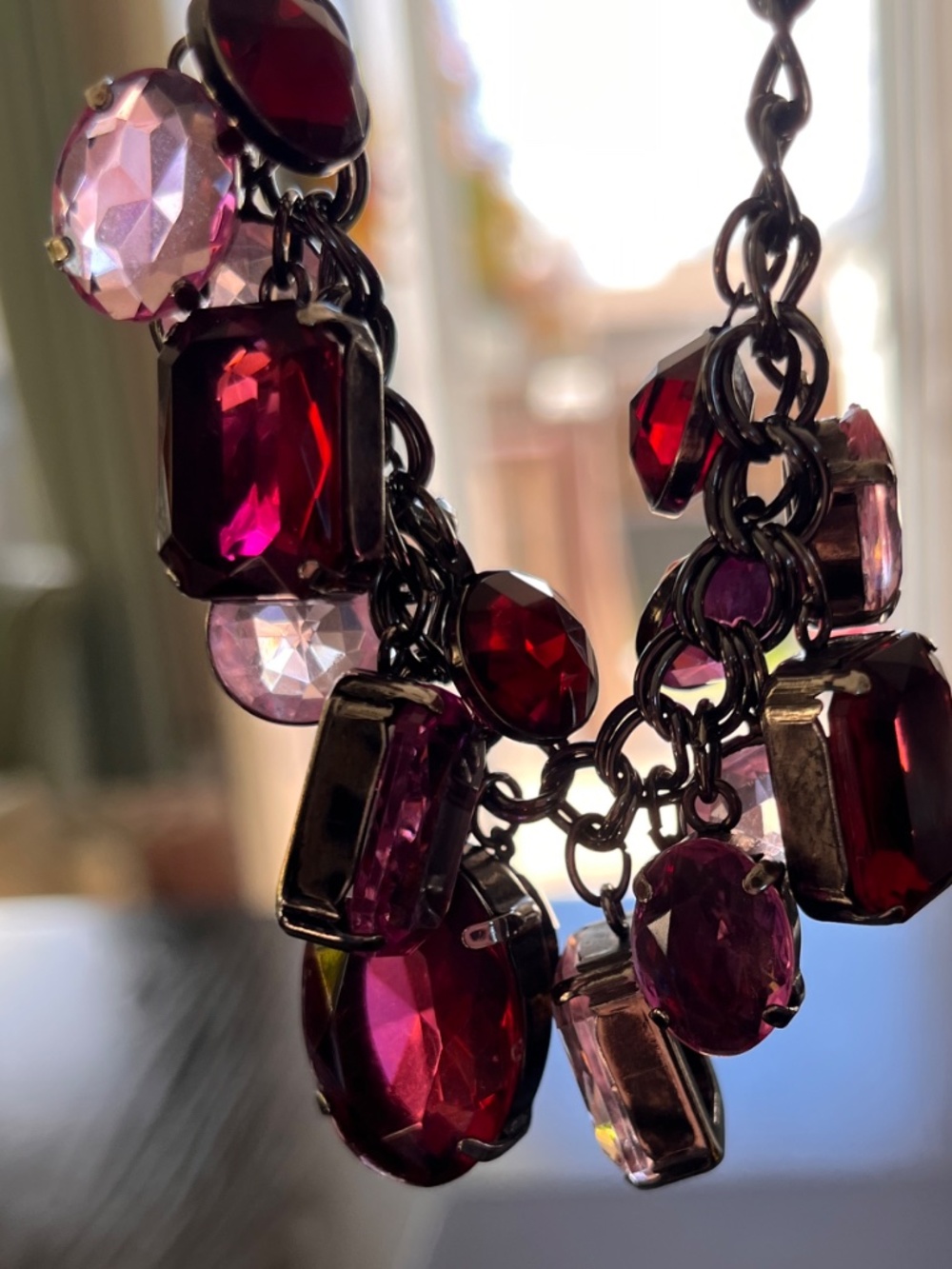 Pink & Ruby Red Rhinestone Statement Bib Necklace - Picture 2 of 12